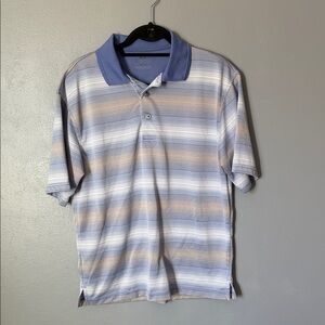 PGA TOUR Men's Blue White Tan Striped Performance Golf Polo Shirt Medium M